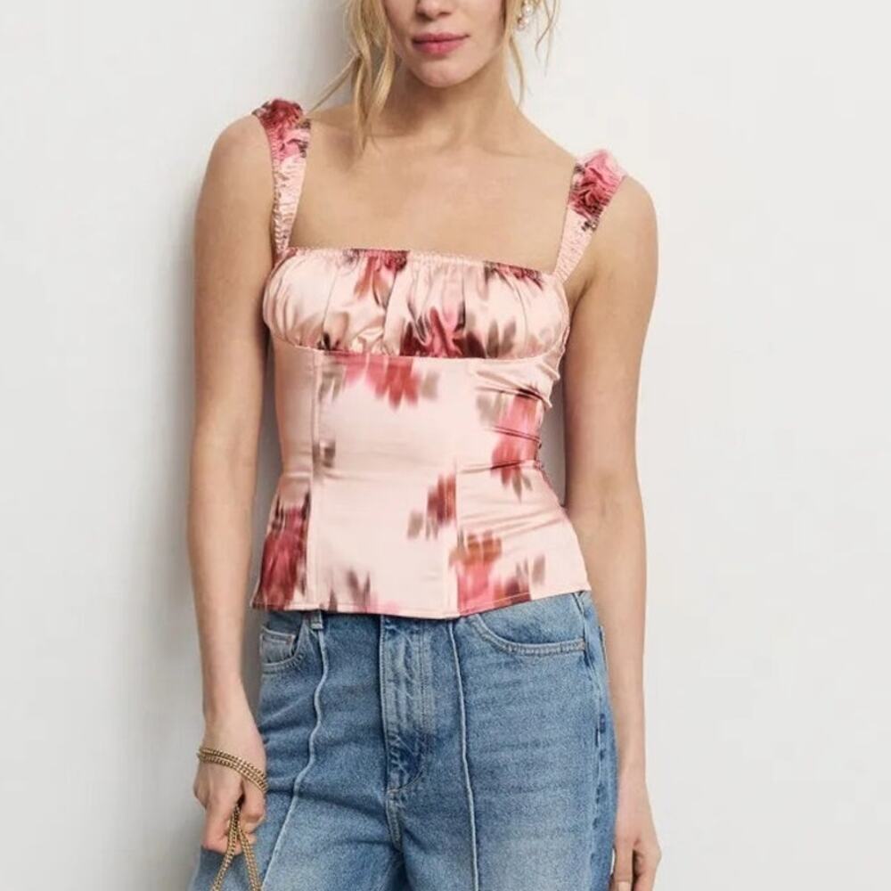 WeWoreWhat Floral Corset Top Sleeveless Wide Strap Ruched Cup Fitted Pink 4